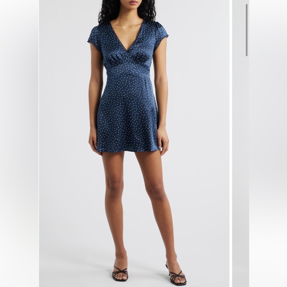 Reformation Navy Mini dress with White Polka Dots